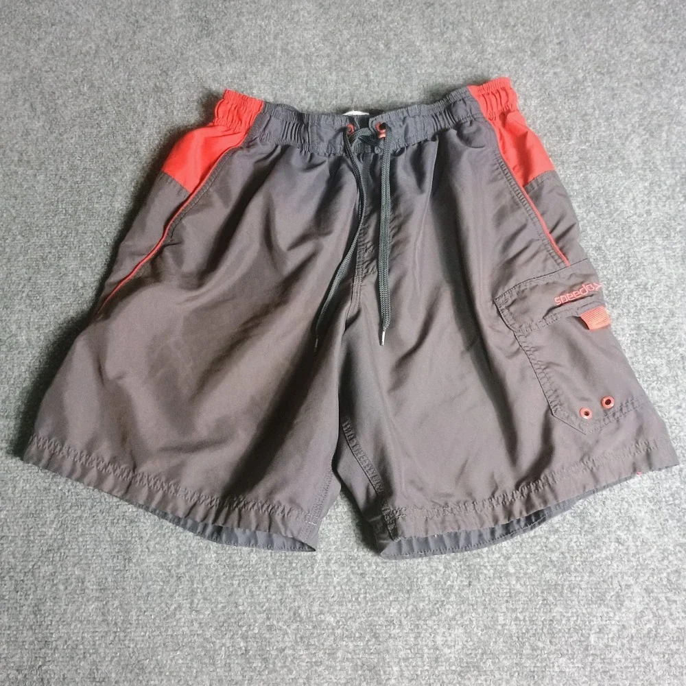 Speedo Men's Size M Swim Trunks Board Shorts Gray Red Drawstring Mesh Lined